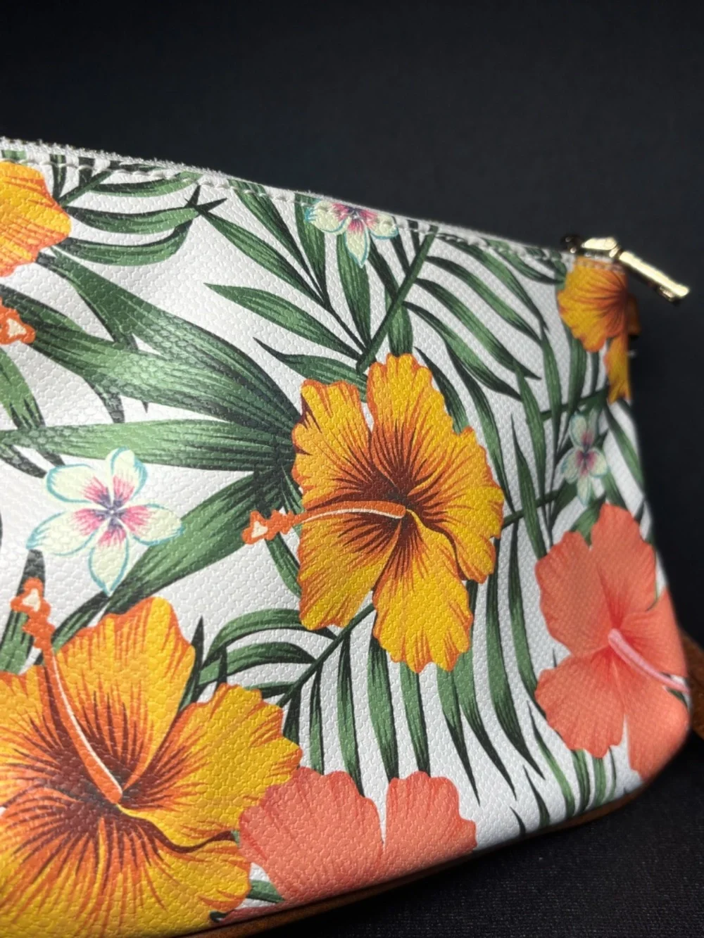 LeatherTropical Floral Wristlet Clutch Palm Hibiscus Print Zip Pouch Summer Bag